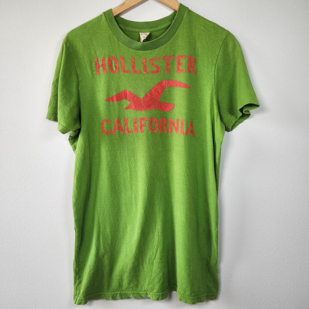 Y2K Hollister California Graphic T Shirt Lime Green Distressed Faded Grunge L Vt